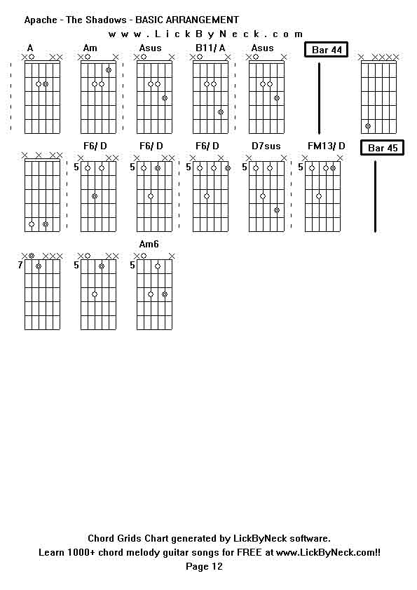 Chord Grids Chart of chord melody fingerstyle guitar song-Apache - The Shadows - BASIC ARRANGEMENT,generated by LickByNeck software.